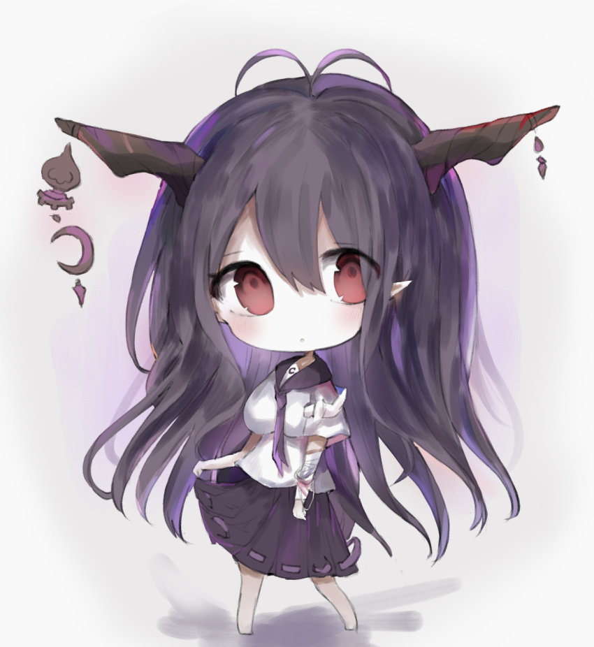 :o antenna_hair bandaged_arm bandages bangs barefoot black_sailor_collar black_skirt blush breasts chibi commentary_request cottontailtokki crescent danua draph eyebrows_visible_through_hair full_body granblue_fantasy grey_background hair_between_eyes head_tilt highres horn_ornament horns long_hair looking_at_viewer medium_breasts neckerchief parted_lips pleated_skirt pointy_ears purple_hair purple_neckwear red_eyes ribbon-trimmed_skirt ribbon_trim sailor_collar school_uniform serafuku shirt short_sleeves skirt solo standing very_long_hair white_shirt wide_sleeves