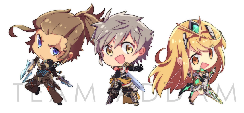 2boys adel_orudou armor blonde_hair boots breasts brown_hair chibi gloves highres hikari_(xenoblade_2) long_hair looking_at_viewer multiple_boys open_mouth pauldrons ponytail shirohunter short_hair simple_background smile sword weapon white_hair xenoblade_(series) xenoblade_2 xenoblade_2:_ogon_no_kuri_ira yellow_eyes