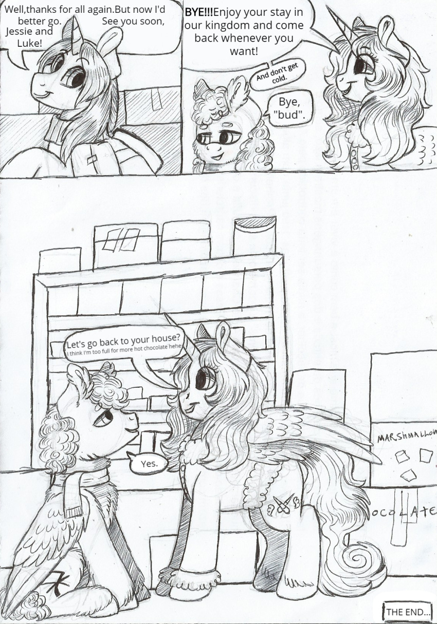 69bea clothed clothing comic cutie_mark dialogue equine fan_character female feral finn_(69bea) fluffy friendship_is_magic horn jessie line_art luke_(69bea) male mammal monochrome my_little_pony pegasus simple_background smile traditional_media_(artwork) unicorn white_background winged_unicorn wings