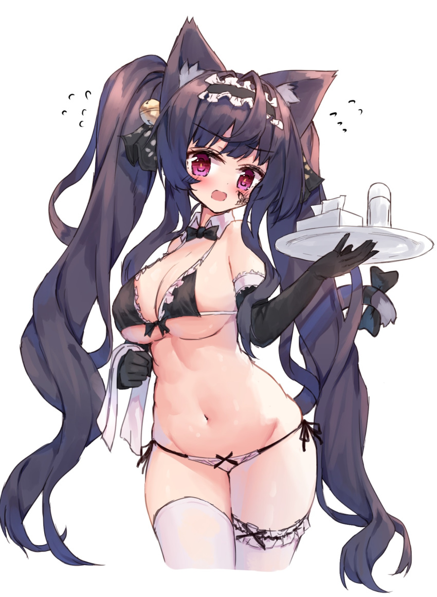 animal_ear_fluff animal_ears bangs bare_shoulders bikini black_bikini_top black_bow black_gloves blush bow breasts brown_hair butterfly_tattoo cat_ears cat_girl cat_tail cleavage cropped_legs detached_collar elbow_gloves eyebrows_visible_through_hair facial_tattoo flying_sweatdrops gloves groin head_tilt highres holding holding_tray large_breasts long_hair looking_at_viewer maid_bikini navel open_mouth original purple_eyes side-tie_bikini simple_background solo swimsuit tail tail_bow tandohark tattoo thighhighs tissue_box towel tray twintails very_long_hair waitress white_background white_bikini_bottom white_collar white_legwear wing_collar