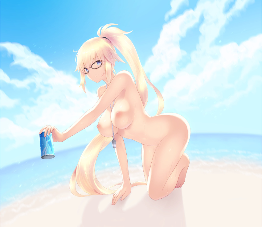 absurdres bangs beach between_breasts black-framed_eyewear blue_eyes blue_sky blurry blurry_background blush breasts cait can cloud cloudy_sky collarbone day eyebrows_visible_through_hair fate/grand_order fate_(series) fingernails full_body glasses hair_between_eyes hair_ornament hair_tie highres hips holding holding_can jeanne_d'arc_(fate)_(all) jeanne_d'arc_(swimsuit_archer) large_breasts long_fingernails long_hair looking_at_viewer nail_polish nipples nude ocean outdoors paid_reward parted_lips patreon_reward pink_nails ponytail sand sidelocks sky soda_can solo teeth thighs very_long_hair water whistle whistle_around_neck