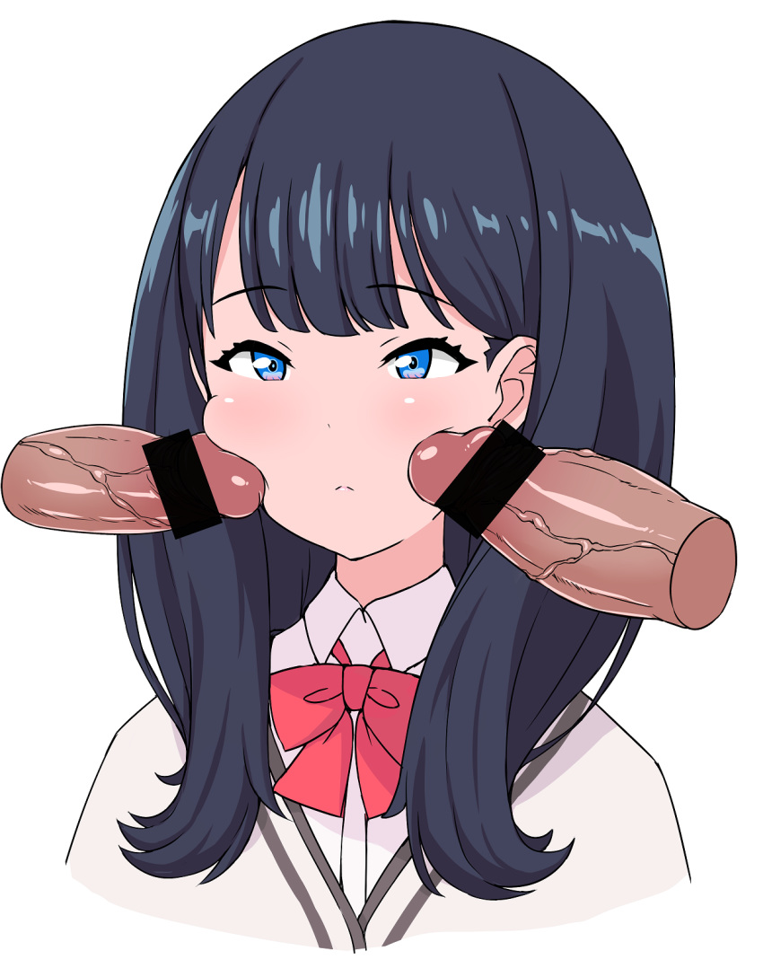 2boys bangs bar_censor black_hair blue_eyes bow cardigan censored cheek_poking disembodied_penis dress_shirt expressionless eyebrows_visible_through_hair hetero highres long_hair multiple_boys multiple_penises penis penis_on_face pointless_censoring poking poking_with_penis red_bow rei_(rei_rr) revision school_uniform shirt solo_focus ssss.gridman takarada_rikka upper_body white_shirt