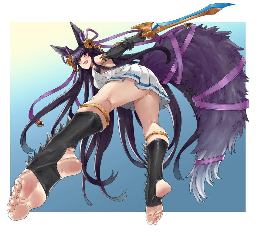 1girl animal_ears ass bell black_bra blush border bra breasts eiji_(eiji) erune feet foreshortening fox_ears fox_tail from_behind granblue_fantasy granblue_fantasy_versus hair_bell hair_ornament highres holding holding_sword holding_weapon large_breasts long_hair looking_back open_mouth pleated_skirt purple_hair purple_ribbon ribbon skirt solo spiked_legwear spikes sword tail thighs toeless_legwear underwear v-shaped_eyebrows weapon white_border yuel_(granblue_fantasy)