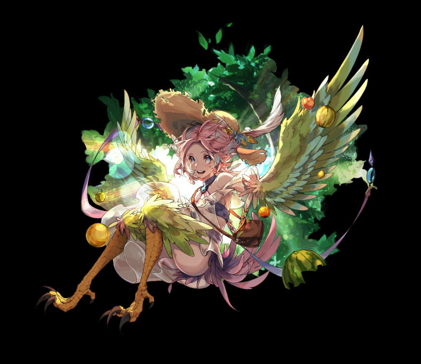absurdres alternate_costume animal_ears apple bare_shoulders bird_ears bird_legs bird_tail blue_pupils blush breasts carol_(clover_theater) clover_theater commentary_request dao_junzi_(das_schwert) dress feathered_wings feathers flying food fruit green_feathers green_wings hair_ornament harpy hat highres long_hair looking_at_viewer melon monster_girl off-shoulder_dress off_shoulder open_mouth outdoors pink_eyes pink_feathers pink_hair see-through see-through_dress small_breasts straw_hat tail talons tree upper_body winged_arms wings