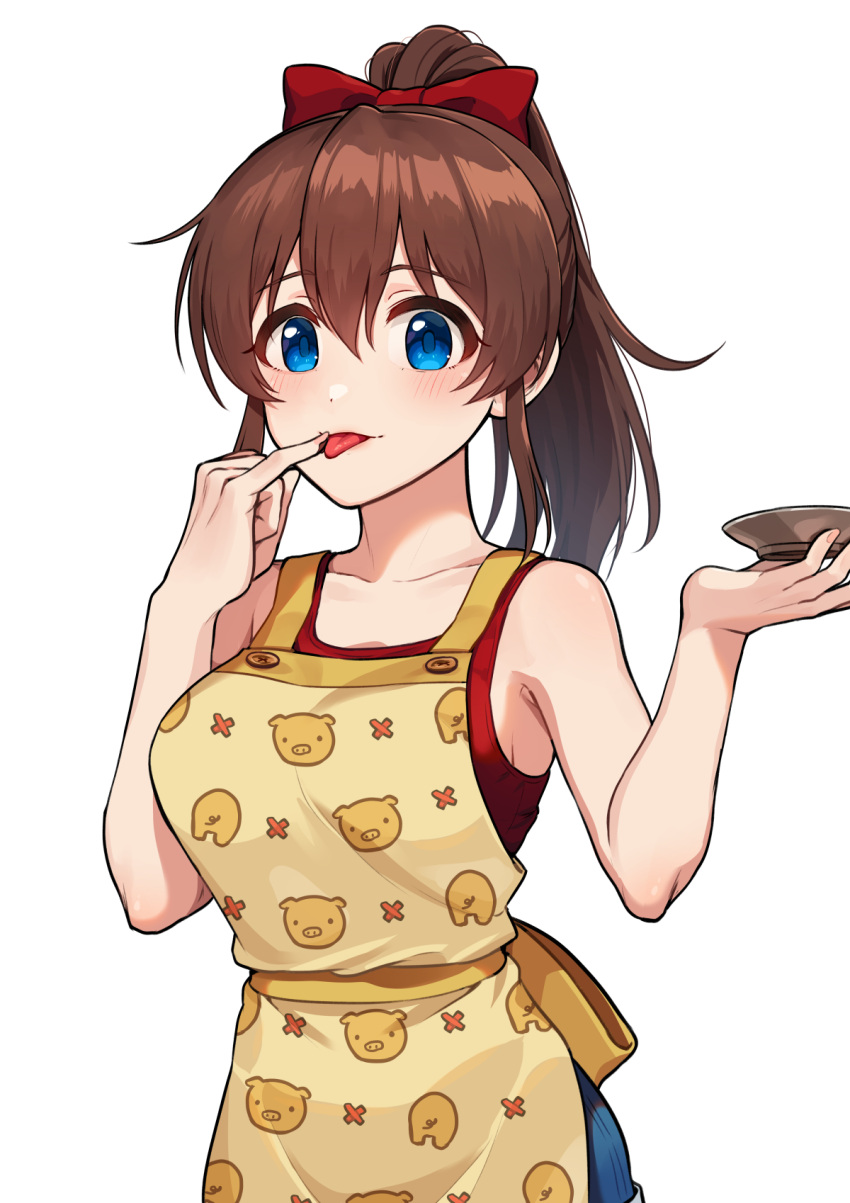 1girl :p apron bare_shoulders blue_eyes blush bow breasts brown_hair collarbone commentary_request fingernails food food_on_hand hair_between_eyes hair_bow hair_ribbon highres holding idolmaster idolmaster_million_live! idolmaster_million_live!_theater_days kamille_(vcx68) licking licking_finger long_hair looking_at_viewer medium_breasts plate ponytail print_apron red_shirt ribbon satake_minako shirt sidelocks simple_background sleeveless sleeveless_shirt solo standing tasting tasting_plate tongue tongue_out upper_body white_background yellow_apron