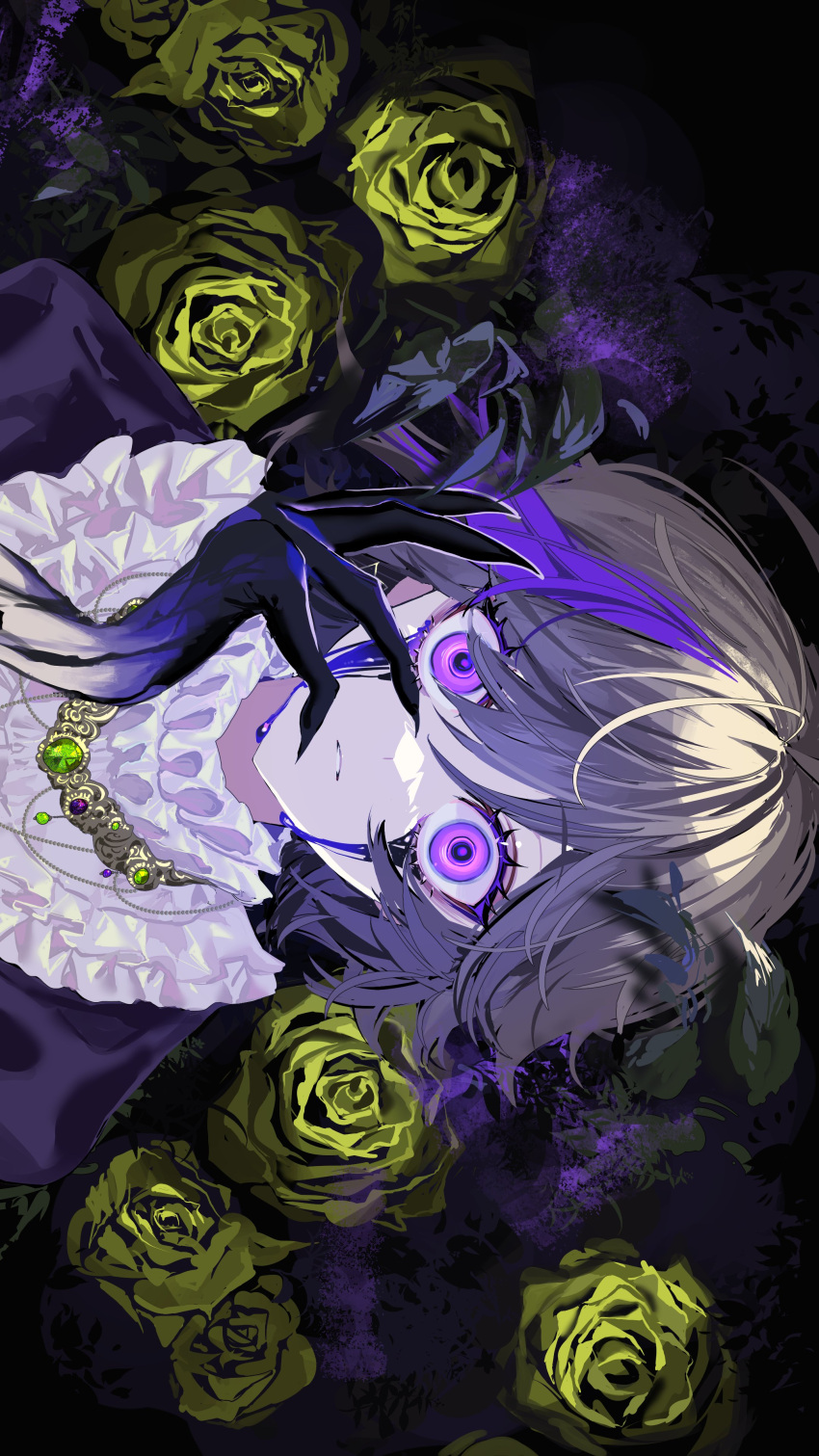 1girl absurdres black_shirt black_skin black_tears brown_hair claws colored_skin flower frilled_shirt frills gradient_skin green_flower green_rose hair_between_eyes hand_on_own_face hand_up highres jewelry looking_at_viewer maronrice multicolored_hair neck_ruff necklace official_art original parted_lips portrait purple_background purple_eyes purple_hair rose shirt short_hair sideways solo straight-on streaked_hair tears wide-eyed