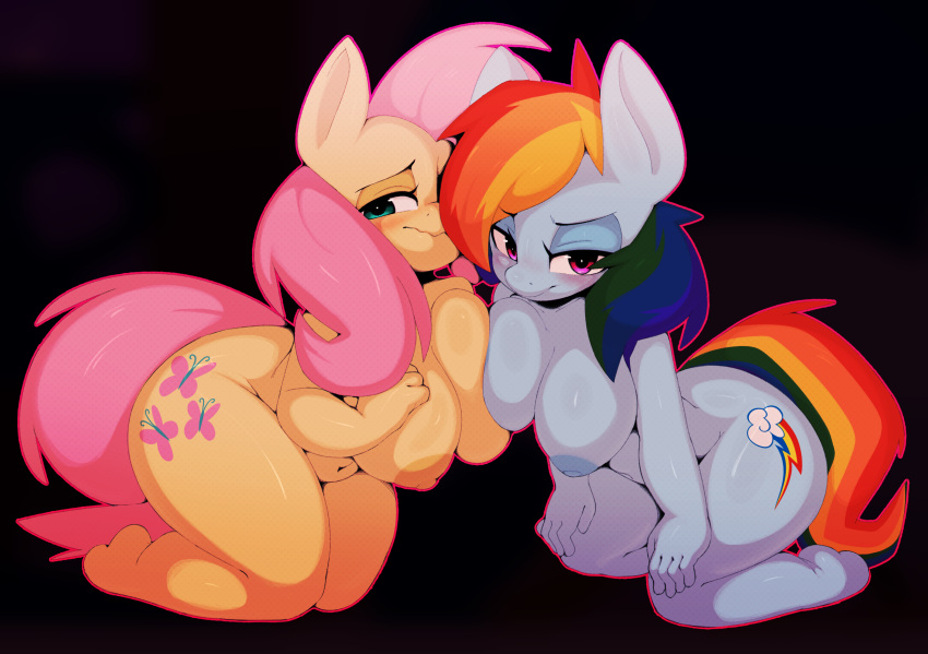 anthro anthrofied areola big_breasts biped blue_body breast_squish breasts breasts_frottage duo equid equine female female/female fluttershy_(mlp) friendship_is_magic hair hasbro hi_res kneeling mammal my_little_pony nipples nude pink_hair rainbow_dash_(mlp) sinrizuki squish thick_thighs