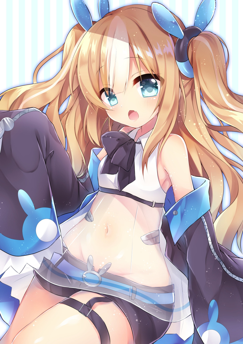 absurdres armpits azur_lane belt blonde_hair blue_eyes blush breasts commentary_request detached_sleeves fang hair_ornament highres kalk_(azur_lane) kinosaki_yuuta long_hair long_sleeves looking_at_viewer multicolored_hair navel open_mouth see-through shorts small_breasts solo twintails
