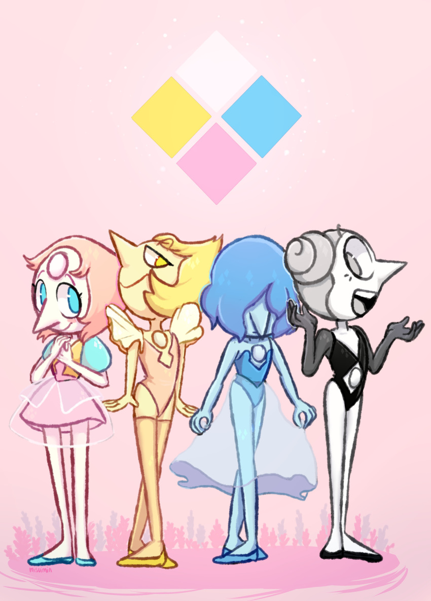 4girls blue_pearl blue_skin double_buns multiple_girls pearl_(steven_universe) short_hair steven_universe white_pearl white_skin yellow_pearl yellow_skin