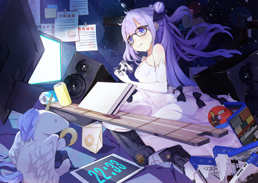 999kun :p azur_lane bangs bespectacled black-framed_eyewear blue_eyes can cd cd_case clock closed_mouth commentary controller digital_clock dress elbow_gloves evening_gown eyebrows_visible_through_hair game_console game_controller glasses gloves hair_between_eyes hair_ribbon highres long_hair one_side_up playstation_4 purple_hair ribbon sitting smile soda_can solo speaker stuffed_animal stuffed_toy stuffed_unicorn television tongue tongue_out unicorn_(azur_lane) wariza white_dress white_gloves