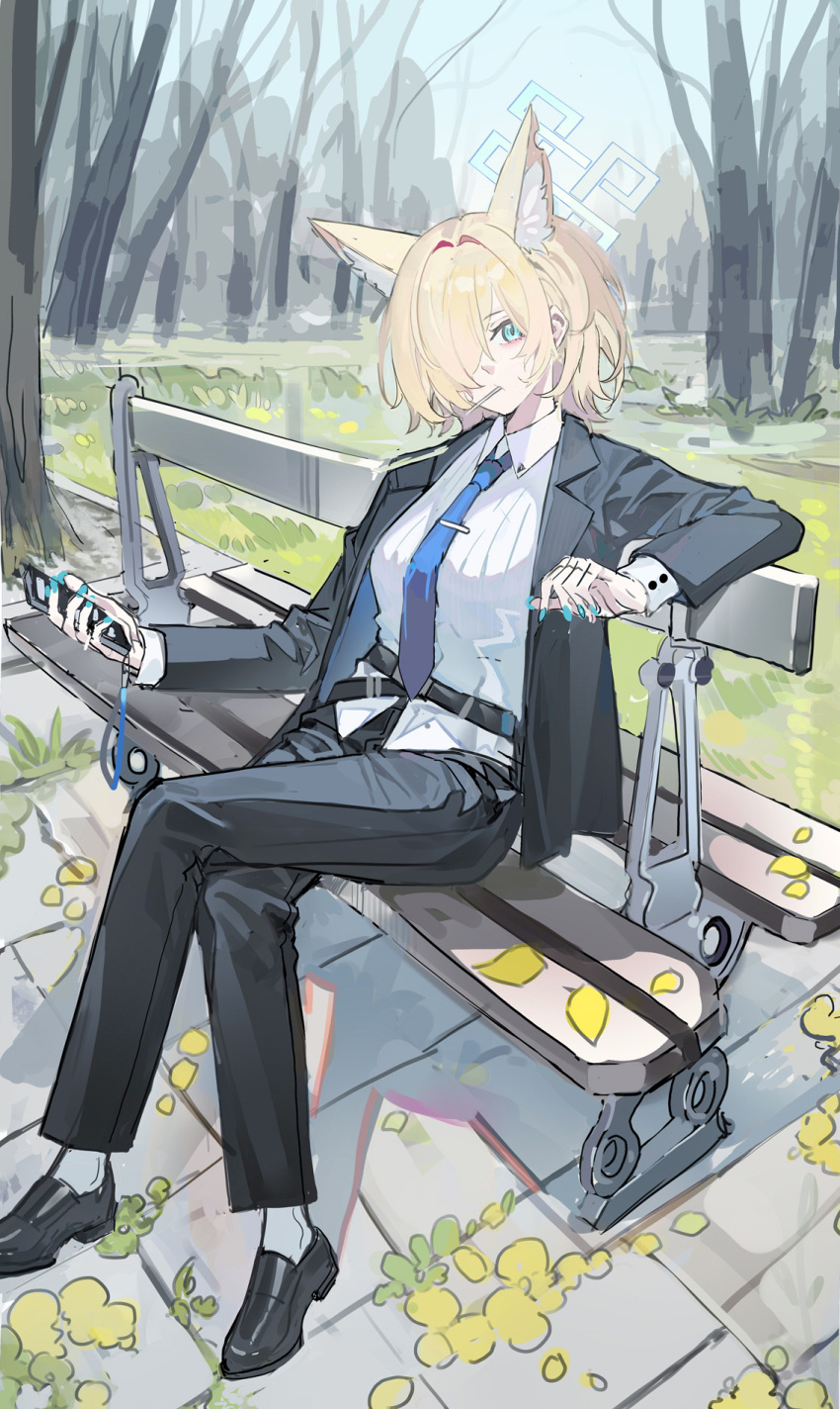 1girl alternate_costume alternate_hair_length alternate_hairstyle animal_ear_fluff animal_ears aqua_nails bench black_footwear black_pants blonde_hair blue_archive blue_eyes blue_halo blue_necktie breasts collared_shirt day echj fingernails hair_over_one_eye halo highres kanna_(blue_archive) large_breasts long_sleeves nail_polish necktie pants shirt shoes short_hair sitting solo white_shirt