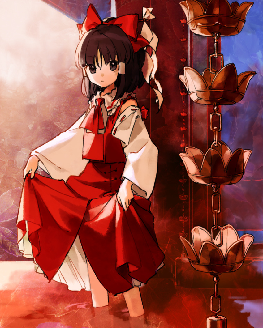 1girl ambiguous_red_liquid ascot bow brown_eyes brown_hair collared_shirt commentary_request crop_top crop_top_overhang cropped_shirt detached_sleeves expressionless frilled_shirt_collar frills hair_bow hakurei_reimu highres kaigen_1025 looking_at_viewer multiple_hair_bows rain_chain red_ascot red_bow red_shirt red_skirt ribbon-trimmed_sleeves ribbon_trim shide shirt short_hair side-tie_skirt sidelighting skirt skirt_hold sleeveless sleeveless_shirt touhou wading white_sleeves