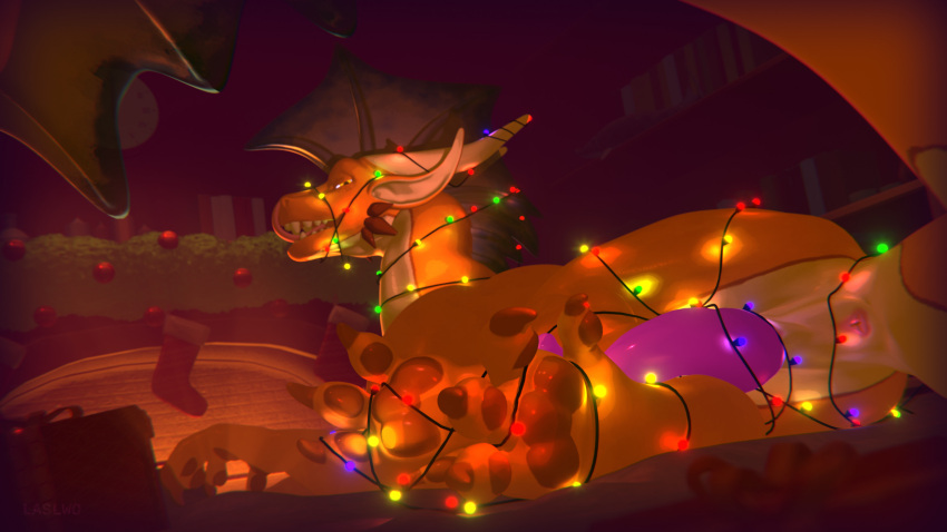 3d_(artwork) anus aquatic_dragon butt christmas_lights christmas_present christmas_stocking claws digital_media_(artwork) dragon erection feet feral fireplace frill_(anatomy) genitals gift hi_res horn laslwo looking_at_viewer lying male marine on_side open_mouth orange_body orange_scales pawpads paws penis presenting presenting_hindquarters sal_(laslwo) scales smile solo tail tapering_penis toes tongue tongue_out wingless_dragon