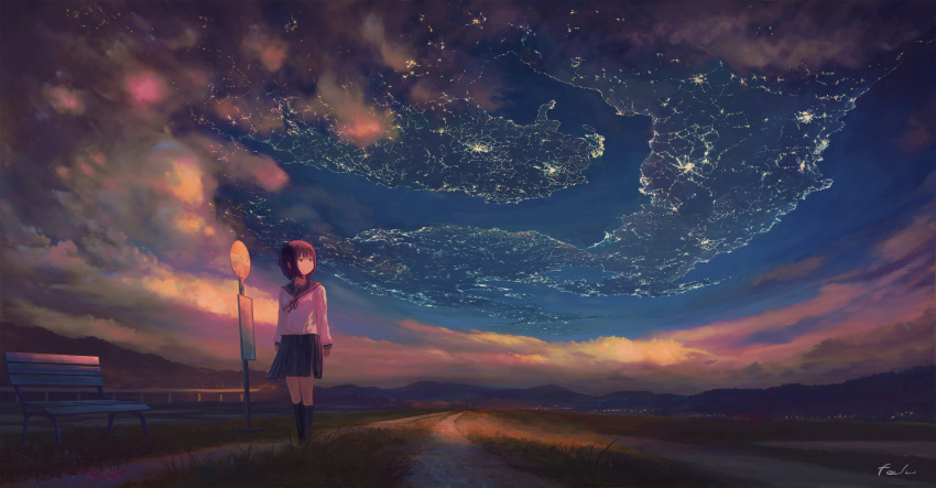 1girl artist_name brown_hair bus_stop city_lights cloud cloudy_sky commentary_request evening feel_(nasitaki) highres looking_up original outdoors pleated_skirt revision road road_sign scenery school_uniform serafuku short_hair sign signature skirt sky solo