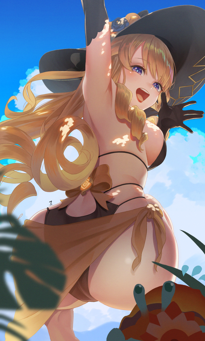 1girl :d \||/ absurdres alternate_costume arm_up ass bare_shoulders black_gloves black_headwear blonde_hair blue_eyes blue_sky breasts dappled_sunlight detached_sleeves drill_hair drill_sidelocks flower flying_sweatdrops from_behind genshin_impact geo_symbol_(genshin_impact) gloves hand_to_own_mouth hat hat_flower hermit_crab highres long_hair looking_at_viewer medium_breasts navia_(genshin_impact) open_mouth punco_(kdfg2577) sarong see-through_sarong shouting shouting_with_hands sideboob sidelocks sky smile solo sparkling_eyes squatting sunlight swimsuit twisted_torso very_long_hair vision_(genshin_impact)