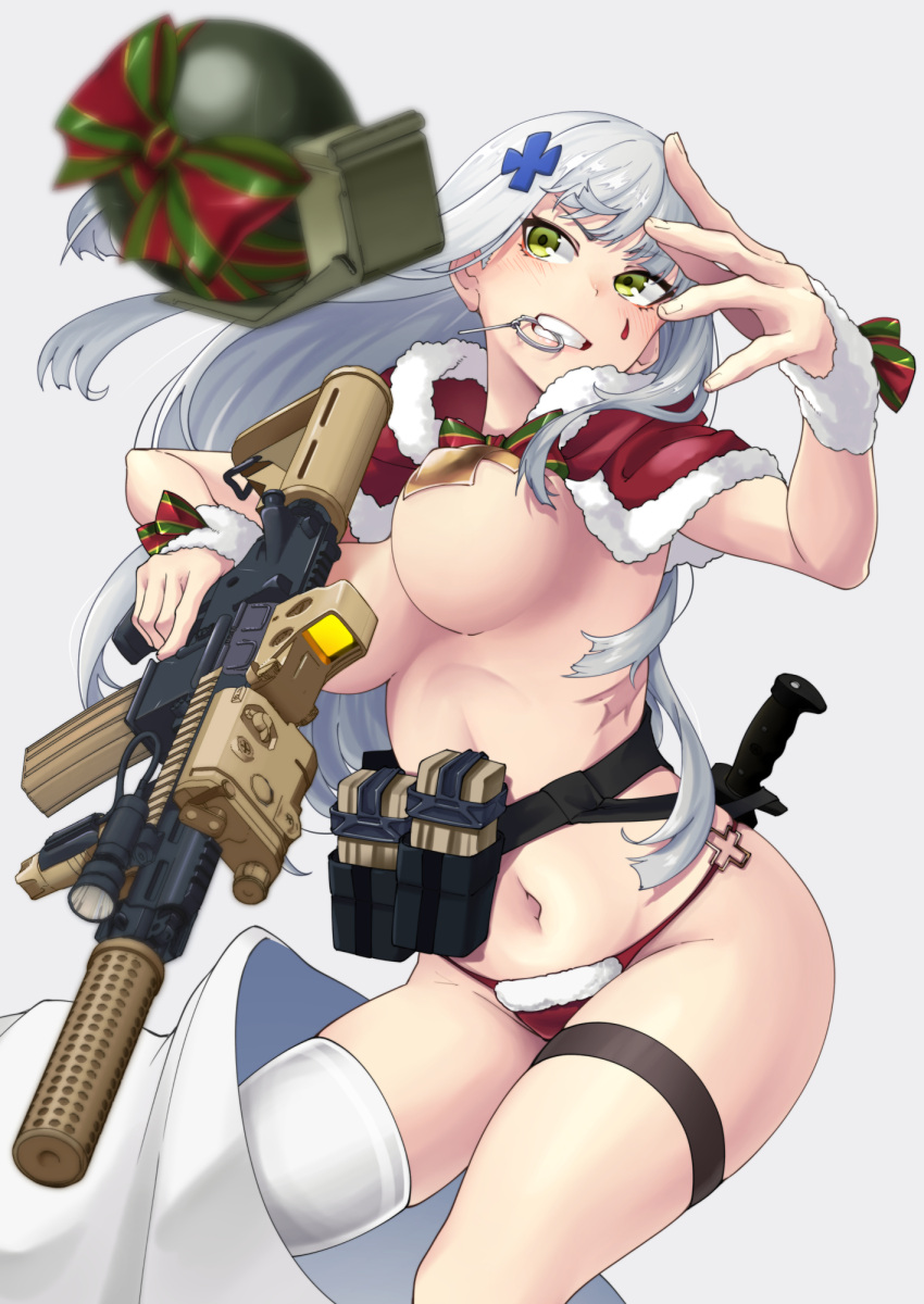 1girl alternate_costume ammunition_pouch assault_rifle blush breasts christmas covered_nipples cowboy_shot cross_hair_ornament explosive girls'_frontline green_eyes grenade grenade_pin_in_mouth grey_hair gun h&amp;k_hk416 hair_ornament highres hk416_(girls'_frontline) holding holding_gun holding_weapon knife long_hair m67 magazine_(weapon) mouth_hold nakiusagi navel panties pouch rifle single_thighhigh solo string_panties teardrop_facial_mark teardrop_tattoo thigh_strap thighhighs trigger_discipline underwear weapon white_background white_thighhighs