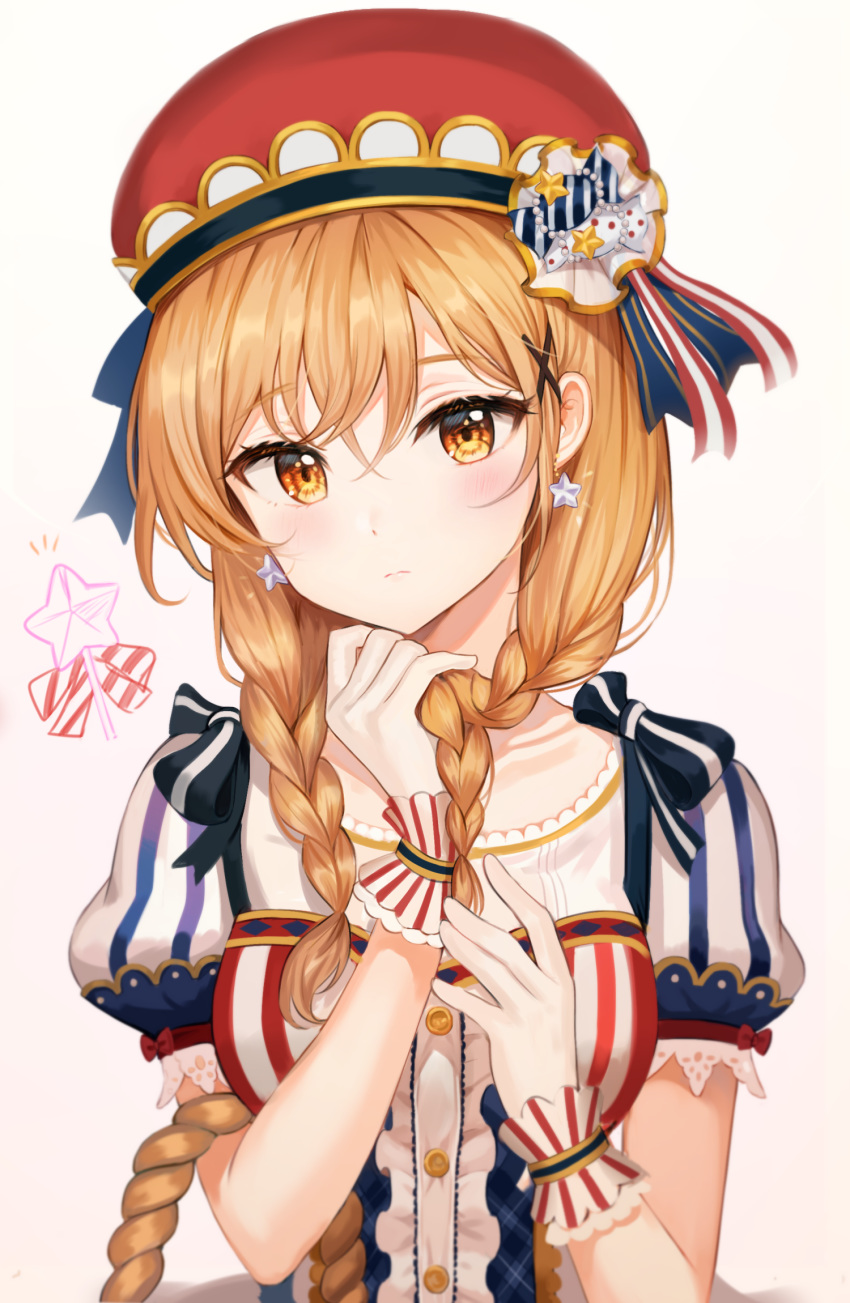 bang_dream! black_bow blush bow braid closed_mouth earrings gloves hair_ornament hat highres ichigaya_arisa jewelry long_hair looking_at_viewer puffy_short_sleeves puffy_sleeves red_hat short_sleeves solo star star_earrings striped striped_bow tokkyu_(user_mwwe3558) twin_braids vertical_stripes white_gloves yellow_eyes