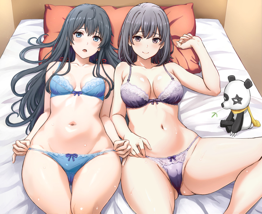 2girls absurdres ahoge ass_visible_through_thighs bed black_eyes black_hair blue_bra blue_eyes blue_panties blush bow bow_bra bow_panties bra breasts breasts_apart cameltoe closed_mouth collarbone comiket_103 commentary_request crotch_seam groin hair_ribbon hand_up highres inanaki_shiki indoors invisible_chair lace-trimmed_bra lace-trimmed_panties lace_trim light_smile long_hair looking_at_viewer lying medium_breasts medium_hair multiple_girls navel on_back on_bed open_mouth panties panty_tug pillow purple_bra purple_panties red_ribbon ribbon short_hair siblings sisters sitting small_breasts smile spread_legs stuffed_animal stuffed_panda stuffed_toy thighs underwear underwear_only yahari_ore_no_seishun_lovecome_wa_machigatteiru. yukinoshita_haruno yukinoshita_yukino