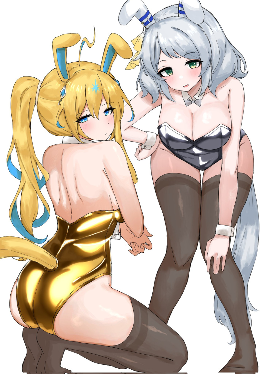 ahoge alternate_costume alternate_hairstyle animal_ears bend blonde_hair blue_eyes blush breasts green_eyes grey_hair hair_ornament highres hishi_miracle_(umamusume) horse_tail kumiyabe large_breasts looking_at_viewer medium_hair neo_universe_(umamusume) open_mouth playboy_bunny ponytail rabbit_ears tail thighhighs umamusume white_background