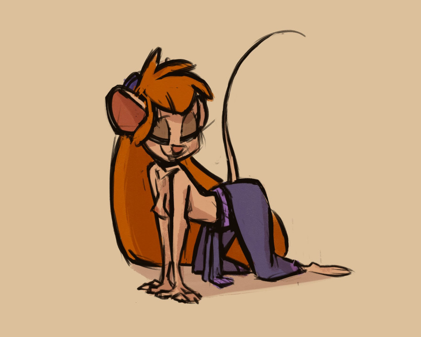 2023 all_fours anthro breasts chip_'n_dale_rescue_rangers clothed clothing colored_sketch disney eyes_closed female fluttershythekind full-length_portrait gadget_hackwrench hair hi_res mammal mouse murid murine orange_hair portrait raised_tail rodent sketch solo tail topless topless_female