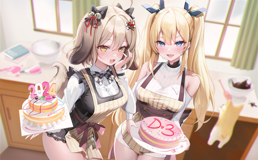 2girls :d absurdres ahoge animal animal_ears apron bandaid bandaid_on_cheek bandaid_on_face bare_shoulders bell biscuit_(nikke) black_bow black_dress blonde_hair blue_eyes blurry blurry_background blush bow breasts brown_apron brown_eyes brown_hair cake checkered_bow checkered_clothes clothing_cutout collared_shirt commentary_request covered_collarbone curtains day depth_of_field dog dog_ears dog_girl dog_tail dress dress_shirt fang food food_on_clothes goddess_of_victory:_nikke hair_bell hair_between_eyes hair_bow hair_ornament heart heart_hair_ornament highres holding holding_plate indoors jehyun jingle_bell korean_commentary laplace_(nikke) long_hair long_sleeves medium_breasts multiple_girls plate pleated_dress puffy_long_sleeves puffy_sleeves ribbed_sweater shirt shoulder_cutout sleeveless sleeveless_dress smile striped striped_apron sweater tail thick_eyebrows turtleneck turtleneck_sweater twintails v-shaped_eyebrows vertical-striped_apron vertical_stripes very_long_hair white_shirt white_sweater window