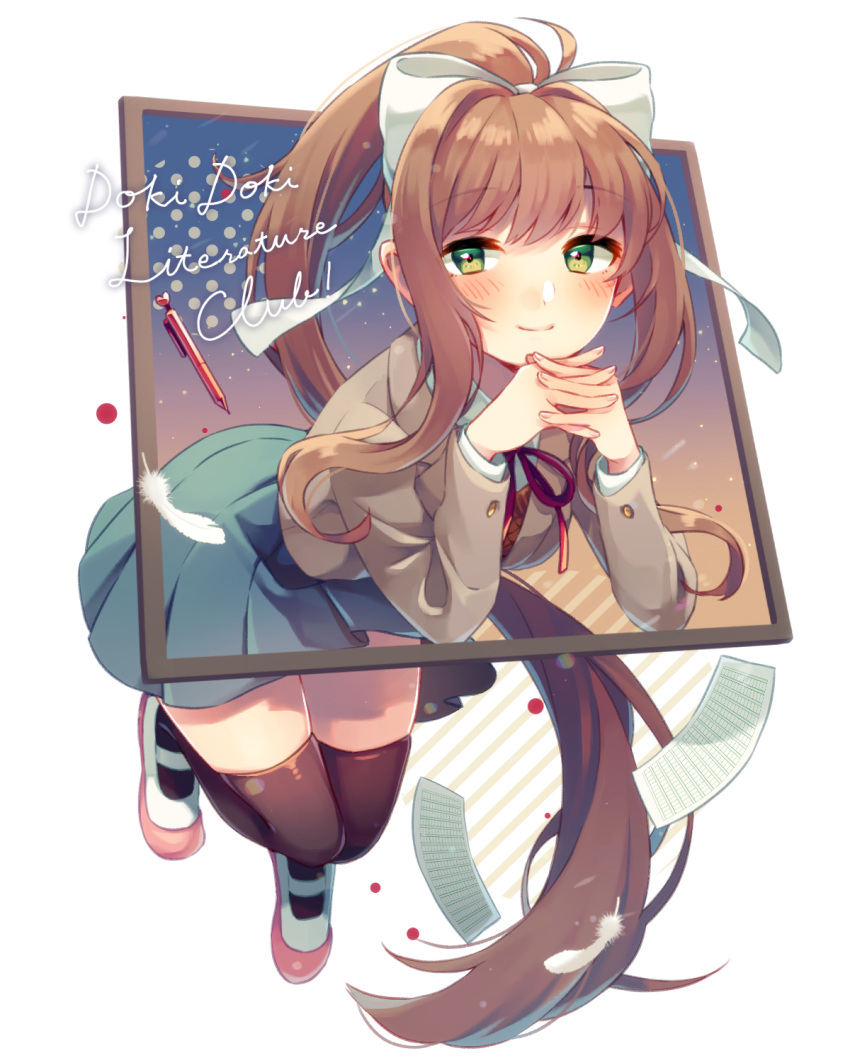 1girl black_thighhighs blue_skirt blush bow brown_hair closed_mouth commentary_request copyright_name doki_doki_literature_club feathers green_eyes grey_jacket highres interlocked_fingers jacket long_hair looking_at_viewer mary_janes mechanical_pencil monika_(doki_doki_literature_club) paper pencil red_ribbon ribbon shifumame shoes skirt smile solo thighhighs very_long_hair white_bow white_feathers white_footwear zettai_ryouiki