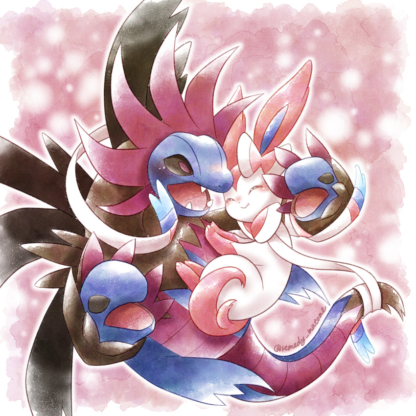 animal_focus artist_name black_sclera closed_eyes colored_sclera commentary_request fangs happy highres hydreigon multiple_heads no_humans open_mouth pink_background pokemon pokemon_(creature) purple_eyes remedy_matome smile sylveon tail twitter_username white_fur