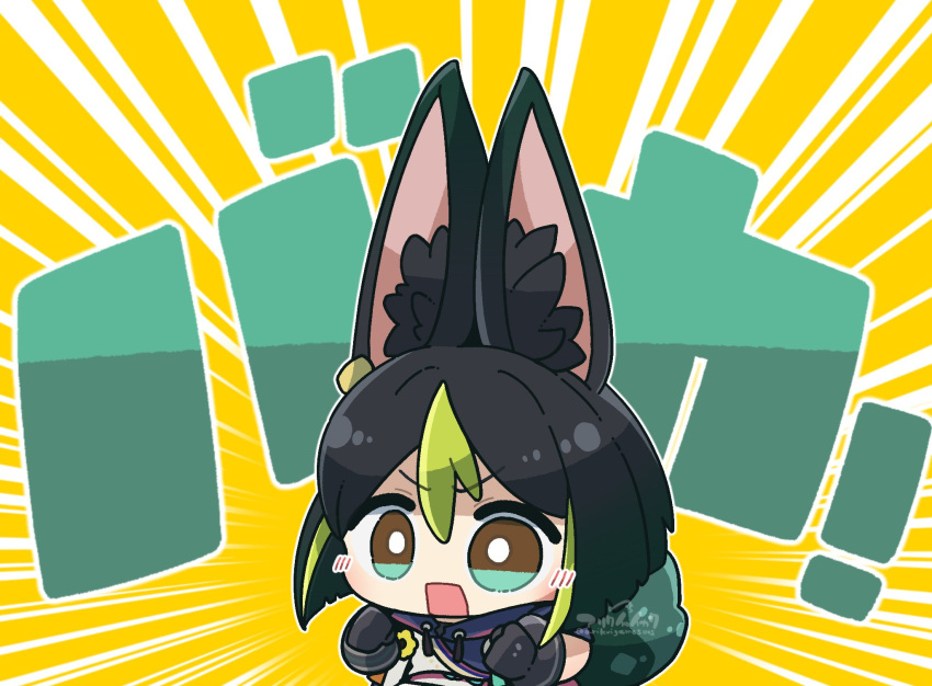 1boy animal_ear_fluff animal_ears arikuigames1105 artist_name black_gloves black_hair blunt_ends blush bright_pupils brown_eyes chibi commentary_request drawstring earrings emphasis_lines flower fox_boy fox_ears fox_tail genshin_impact gloves green_eyes green_hair hair_between_eyes hands_up highres hood hood_down hoodie jewelry male_focus multicolored_clothes multicolored_eyes multicolored_hair open_mouth outline short_hair short_sleeves simple_background single_earring solo streaked_hair tail tighnari_(genshin_impact) translation_request twitter_username upper_body v-shaped_eyebrows white_outline white_pupils yellow_background yellow_flower