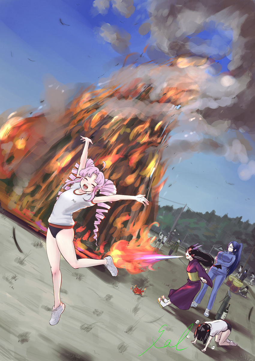 4girls a.i._voice ahoge all_fours alternate_costume arms_under_breasts arms_up black_buruma black_hair blue_sky blue_track_suit bonfire bottle breasts breathing_fire buruma character_request commentary_request creature curtained_hair day dragon_girl dragon_horns drill_hair dutch_angle exhausted festival fire glasses goki_(voicevox) gym_shirt gym_uniform hair_bobbles hair_ornament highres horns japanese_clothes jumping kimono large_breasts long_hair low-tied_long_hair multiple_girls obi on_ground outdoors people pink_hair ponytail purple_kimono sake_bottle sash shadow sharu_(aki_ch.) shirt shoes short_sleeves sidelocks signature sky small_breasts smile smoke sneakers takatoo_saki thick_eyebrows toes_up tsuina-chan twin_drills twintails voiceroid voicevox white_shirt