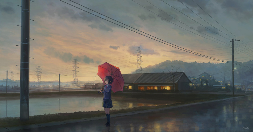 1girl bare_tree blue_socks brown_footwear city cloud cloudy_sky collared_shirt commentary_request feel_(nasitaki) highres holding holding_umbrella house kneehighs long_sleeves necktie original outdoors photoshop_(medium) pleated_skirt power_lines revision scenery school_uniform shirt shoes short_hair signature skirt sky socks solo standing sweater transmission_tower tree umbrella utility_pole very_wide_shot wet_pavement white_shirt