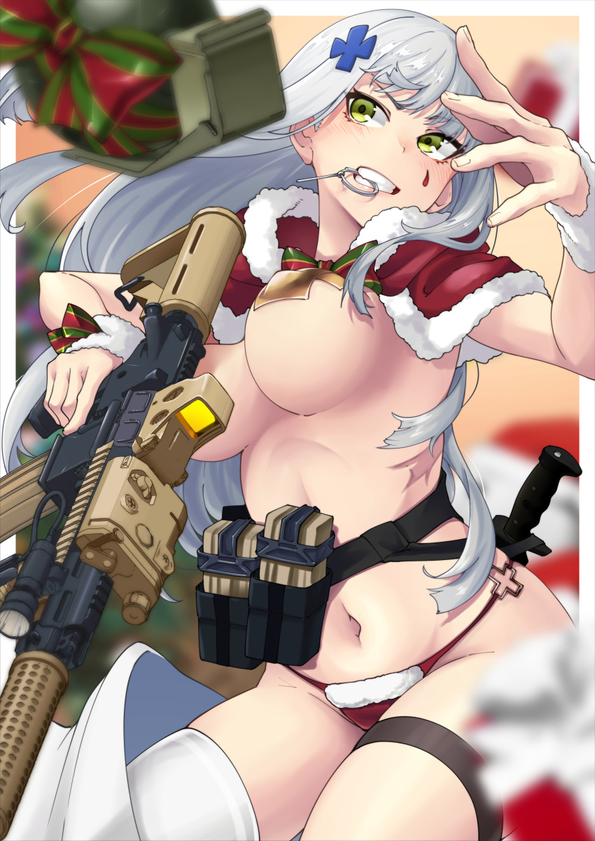 1girl absurdres alternate_costume ammunition_pouch assault_rifle blush breasts christmas covered_nipples cross_hair_ornament explosive girls'_frontline green_eyes grenade grenade_pin_in_mouth grey_hair gun h&amp;k_hk416 hair_ornament highres hk416_(girls'_frontline) holding holding_gun holding_weapon knife long_hair m67 magazine_(weapon) mouth_hold nakiusagi navel panties pouch rifle single_thighhigh solo string_panties teardrop_facial_mark teardrop_tattoo thigh_strap thighhighs trigger_discipline underwear weapon white_thighhighs