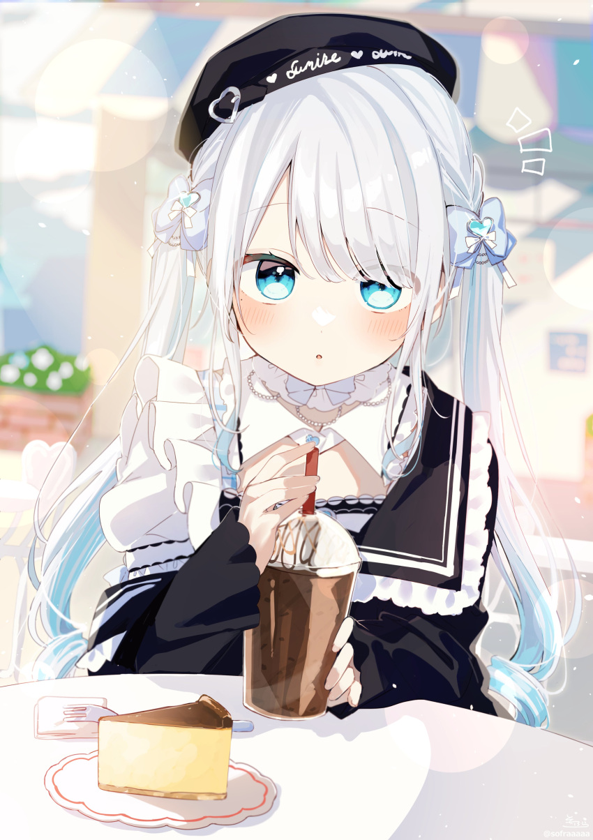 1girl :o absurdres beret black_headwear black_shirt blue_bow blue_eyes blue_hair blurry blurry_background bow cheesecake commentary_request cup depth_of_field drinking_glass drinking_straw food fork grey_hair hair_bow hat highres holding holding_cup indoors kaga_sumire long_hair long_sleeves looking_at_viewer multicolored_hair notice_lines parted_lips plate puffy_long_sleeves puffy_sleeves shirt sleeves_past_wrists sofra solo tilted_headwear two-tone_hair upper_body very_long_hair virtual_youtuber vspo!