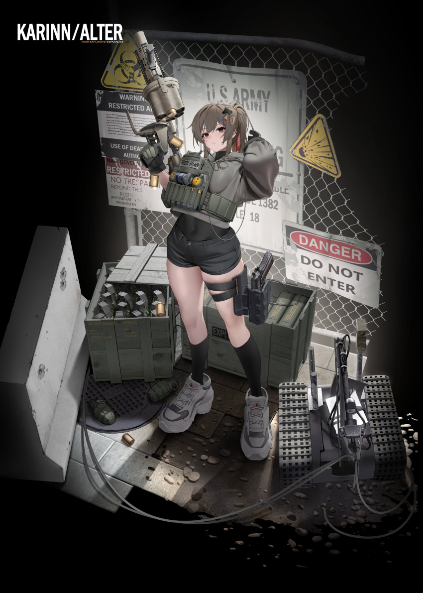 1girl 1st_cavalry_division 1st_infantry_division_(us_army) absurdres black_shorts black_socks black_undershirt breasts brown_eyes brown_hair c4 chain-link_fence character_name claymore_(mine) closed_mouth concrete covered_navel crate english_commentary english_text explosive fence from_above gloves grenade grenade_launcher grey_hoodie gun handgun hands_up highres holding holding_weapon holster hood hoodie karinn_(ka941) large_breasts looking_at_viewer m1911 milkor_mgl mine_(weapon) multiple_hairpins nine_(kanine41) original plate_carrier ponytail robot shell_casing shoes shorts sidelocks sign socks solo thigh_holster trigger_discipline vertical_foregrip weapon white_footwear