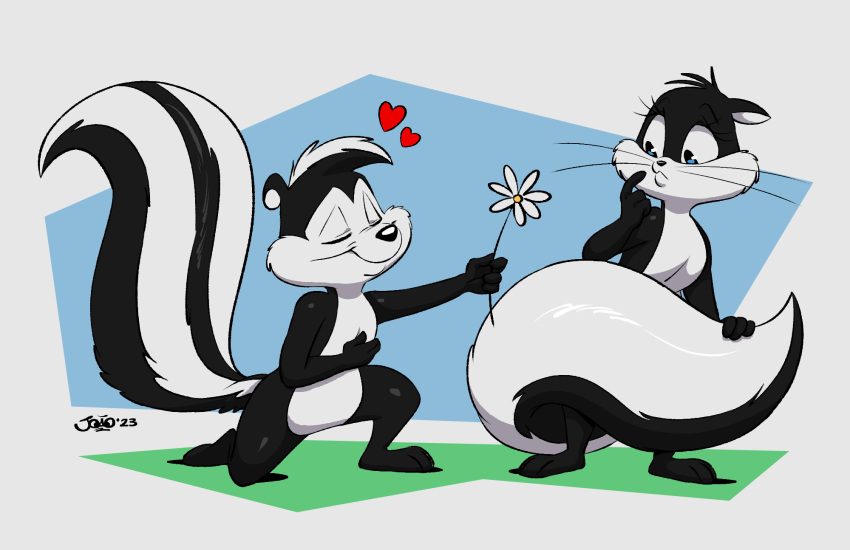 &lt;3 anthro domestic_cat duo eyes_closed felid feline felis female flower hi_res joaoppereiraus kneeling looney_tunes male mammal mephitid on_one_knee penelope_pussycat pepe_le_pew plant skunk striped_skunk warner_brothers