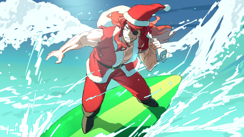 1boy beard_stubble belt braid braided_beard carrying_bag eyepatch facial_hair grin hat highres jacket long_hair looking_at_viewer male_focus muscular muscular_male mya-zawa no_shirt pants pectorals pirate_(sekaiju) pirate_1_(sekaiju) red_hair red_jacket red_pants santa_costume santa_hat sekaiju_no_meikyuu sekaiju_no_meikyuu_3 smile solo surfboard surfing torn_clothes torn_sleeves water