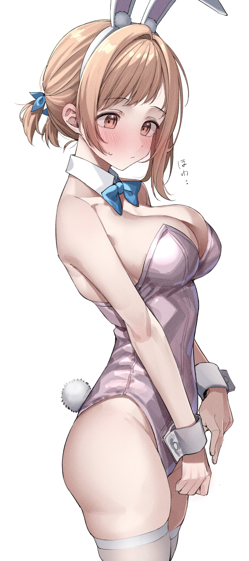 1girl absurdres alternate_costume animal_ears asymmetrical_sidelocks bare_shoulders blue_bow blue_bowtie blush bow bowtie breasts brown_eyes brown_hair cleavage closed_mouth commentary cowboy_shot detached_collar ear_blush fake_animal_ears fake_tail hair_intakes highleg highleg_leotard highres idolmaster idolmaster_shiny_colors kawai_ritsu_(rits_meg) large_breasts leotard looking_down pink_leotard playboy_bunny rabbit_ears rabbit_tail sakuragi_mano short_ponytail simple_background solo sweat tail thighhighs white_background white_thighhighs white_wrist_cuffs
