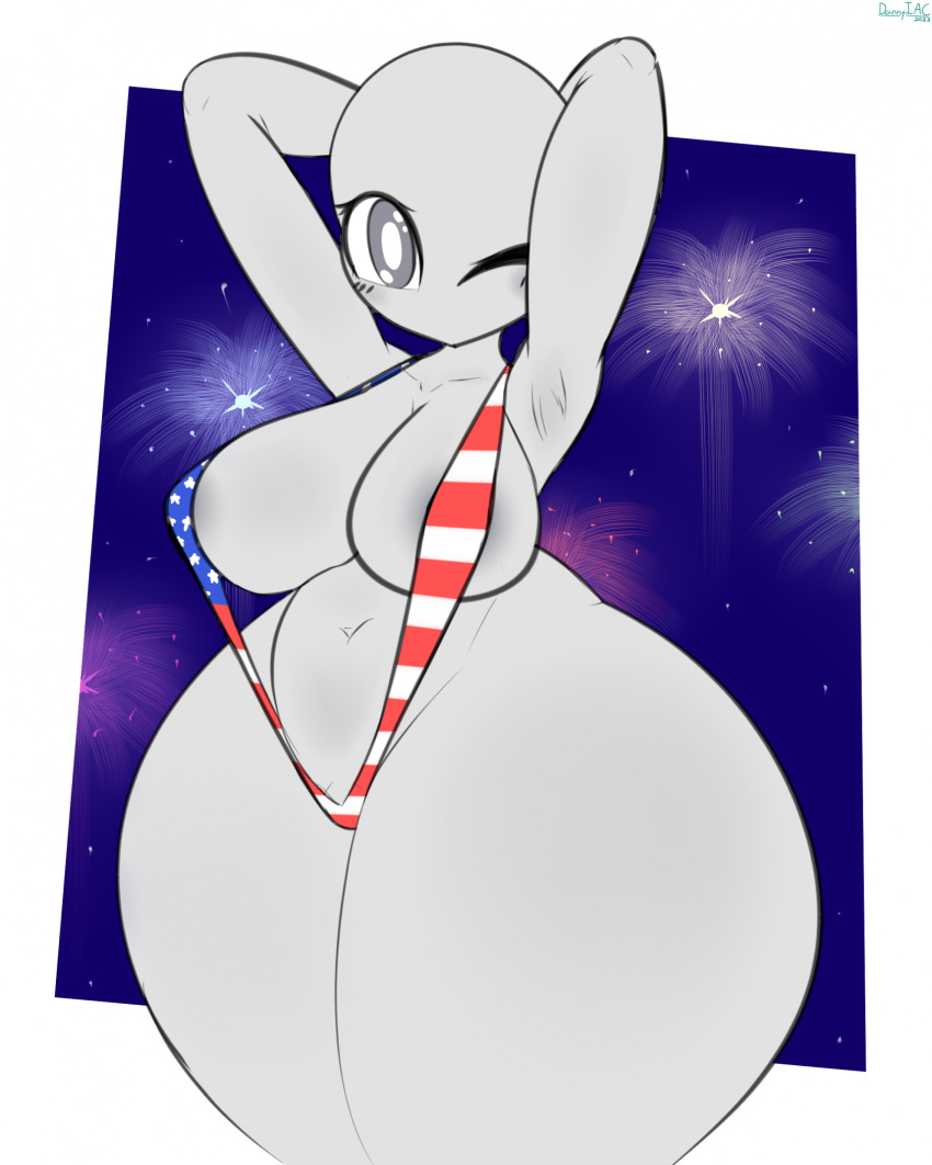 4th_of_july alien alien_humanoid american_flag_bikini areola big_breasts bikini blue_background blush blush_lines bottom_heavy breasts clothing dannyiac female fireworks grey_areola grey_body grey_eyes hands_behind_head hi_res humanoid looking_at_viewer mouthless navel one_eye_closed roswell_grey simple_background sling_bikini solo swimwear thick_thighs white_background wide_hips wink winking_at_viewer