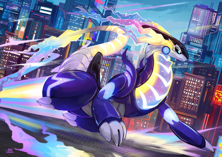 absurdres artist_name black_sclera blue_eyes building city cityscape claws colored_sclera dated day dragon dragon_tail flying highres miraidon no_humans outdoors plive pokemon pokemon_(creature) sky skyscraper solo tail watermark