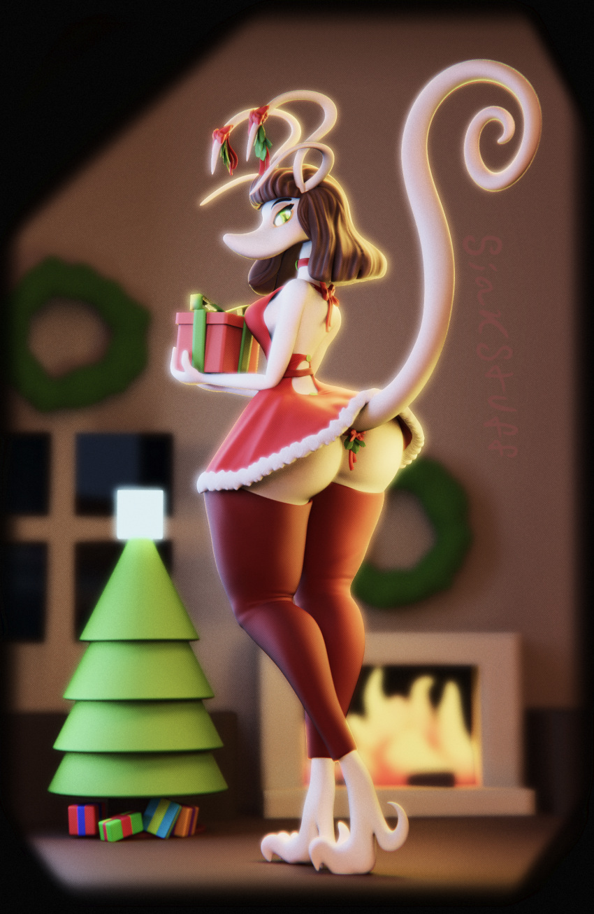 3d_(artwork) alien big_butt bow_ribbon brown_hair butt choker christmas christmas_clothing christmas_tree claws clothed clothing curled_tail digital_media_(artwork) dress female festive fireplace gift green_eyes hair hi_res holding_object holidays humanoid jewelry legwear long_legs long_snout looking_at_viewer looking_back mistletoe mistletoe_bow mistletoe_on_tail necklace no_underwear plant red_clothing short_dress siak_no'fethk siakstuff snout solo tail tall tendrils thigh_highs toe_claws tree white_body white_skin window wreath