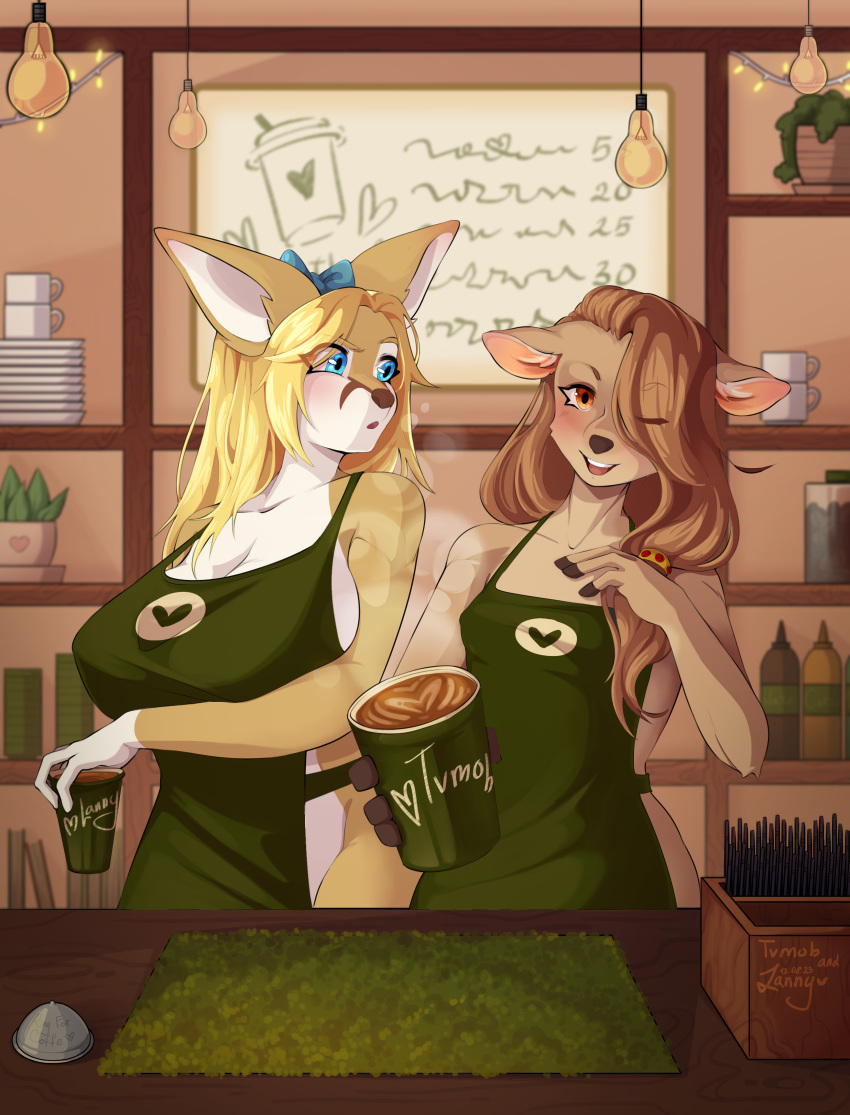 2023 absurd_res accessory anthro apron apron_only bell big_breasts biped blonde_hair blue_bow blue_eyes bow_ribbon breasts brown_eyes brown_hair canid canine clothing coffee_cup coffee_shop container cup deer del.e.ted_(character) duo female fox green_apron hair hair_accessory hair_bow hair_ribbon hi_res holding_coffee_cup holding_container holding_cup holding_object huge_breasts inside lannykim21 light_bulb looking_at_viewer mammal one_eye_closed open_mouth open_smile ribbons small_breasts smile smiling_at_viewer standing steam tvmob wink winking_at_viewer