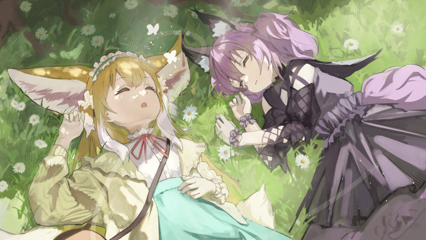 2girls animal_ears arknights bag black_dress blonde_hair blue_hairband blue_skirt cardigan closed_eyes colored_tips commentary daisy dress flower fox_ears fox_girl frilled_hairband frills hairband highres long_hair long_sleeves lying medium_hair mikeneko90 multicolored_hair multiple_girls neck_ribbon official_alternate_costume on_back on_grass on_side open_mouth outdoors parted_lips purple_hair red_ribbon ribbon shamare_(arknights) shamare_(echo_of_the_horrorlair)_(arknights) shirt shoulder_bag skirt sleeping suzuran_(arknights) suzuran_(spring_praise)_(arknights) twintails two-tone_hair white_hair white_shirt yellow_cardigan