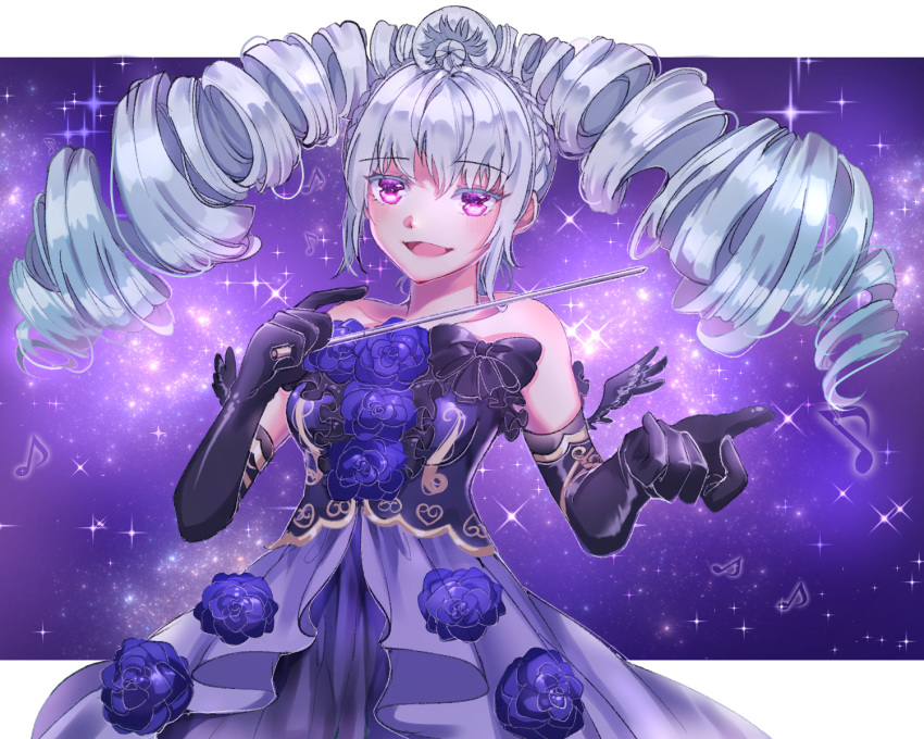 :d amou_june bare_shoulders black_bow blue_flower blush bow braid breasts dress_flower drill_hair elbow_gloves flower gloves highres looking_at_viewer medium_breasts musical_note open_mouth outstretched_hand pretty_(series) pretty_rhythm pretty_rhythm_rainbow_live purple purple_eyes ronpu_cooing smile solo standing twin_drills twintails wand white_gloves