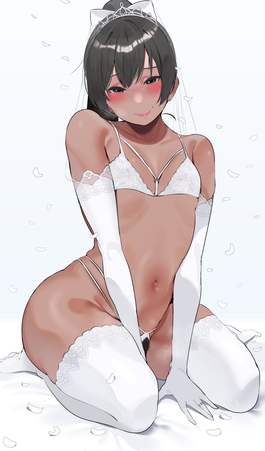 1girl black_hair blue_eyes breasts bridal_lingerie bridal_veil closed_mouth commentary crotchless crotchless_panties dark-skinned_female dark_skin elbow_gloves falling_petals female_pubic_hair gloves highres jewelry lingerie medium_hair navel okpriko original panties petals ponytail pubic_hair ring sitting small_breasts smile solo symbol-only_commentary thai_girl_(okpriko) thighhighs thighs underwear veil wariza wedding_ring white_background white_gloves white_panties white_thighhighs