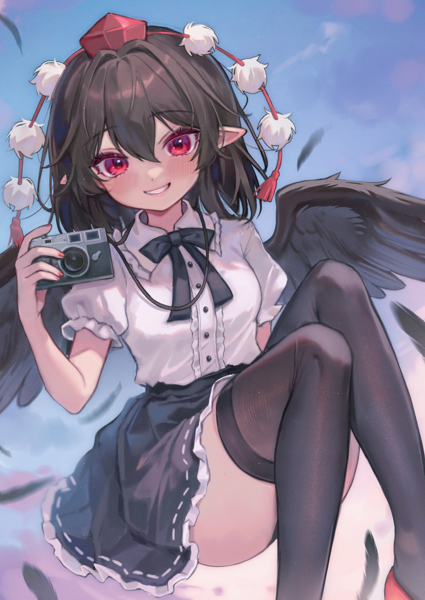 1girl absurdres black_bow black_hair black_skirt black_thighhighs blue_bow blue_bowtie blue_sky blush bow bowtie breasts buttons camera cloud cloudy_sky collared_shirt commentary_request evening feathered_wings feathers fingernails flying frills geta gradient_sky hair_between_eyes hand_up hat highres holding holding_camera lips looking_at_viewer medium_breasts nail_polish outdoors pointy_ears pom_pom_(clothes) puffy_short_sleeves puffy_sleeves qiu_ju red_eyes red_footwear red_headwear red_nails shameimaru_aya shirt shoes short_hair short_sleeves skirt sky smile solo tassel teeth tengu-geta thighhighs tokin_hat touhou white_shirt wings yellow_sky