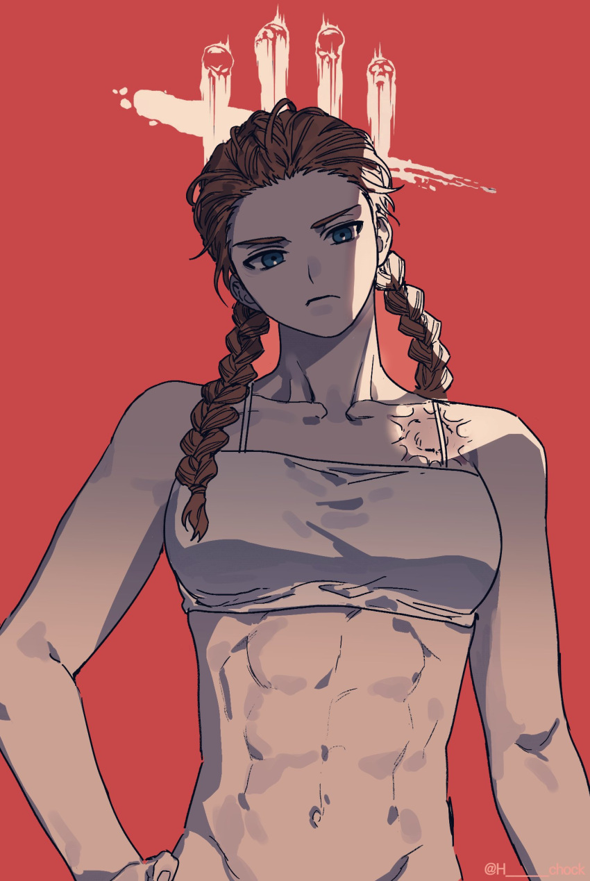 1girl abs blue_eyes bottomless braid breasts camisole collarbone commentary_request crop_top dead_by_daylight frown groin hand_on_own_hip head_tilt highres korean_commentary low_twin_braids medium_breasts meg_thomas navel orange_hair scar_on_shoulder solo spaghetti_strap toned tongchock twin_braids twitter_username upper_body white_camisole