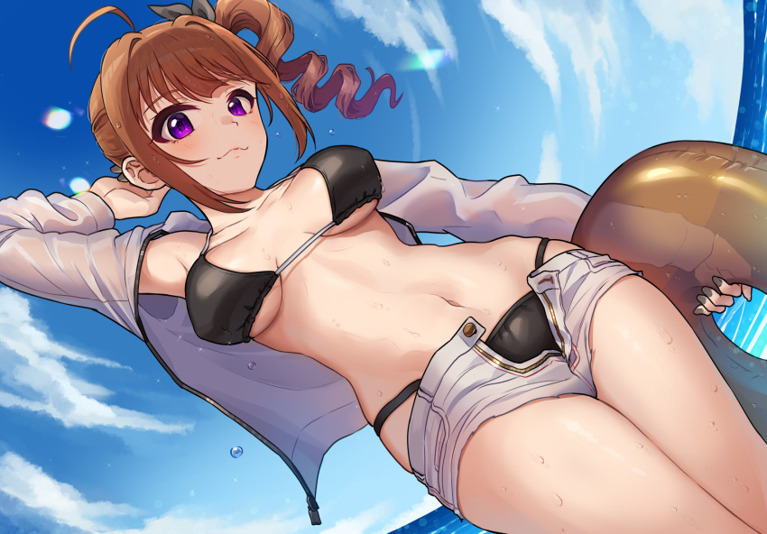 1girl ahoge arm_up bikini black_bikini blue_sky breasts brown_hair closed_mouth cloud collarbone drill_hair grey_nails highres holding holding_innertube idolmaster idolmaster_million_live! innertube jacket kamille_(vcx68) large_breasts long_hair long_sleeves looking_at_viewer micro_shorts navel ocean open_clothes open_fly open_jacket open_shorts purple_eyes revision see-through see-through_jacket shorts side_drill sky smile solo standing stomach swimsuit unzipped white_shorts yokoyama_nao