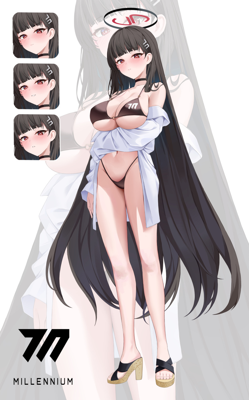 1girl absurdres bare_legs bare_shoulders bikini black_bikini black_hair blue_archive blush breasts cleavage closed_mouth hair_ornament hairpin halo highres large_breasts long_hair millennium_science_school_logo multiple_views nacho_(nacho_1103) navel red_eyes rio_(blue_archive) sandals shirt swimsuit white_shirt zoom_layer