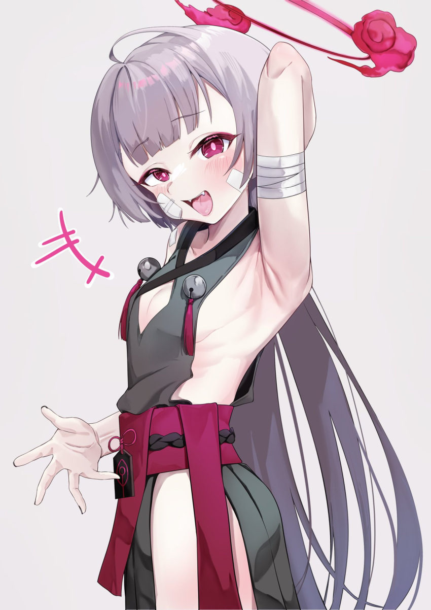 1girl arm_up armpits bandaged_arm bandages blue_archive blush breasts cleavage_cutout clothing_cutout commentary_request diamond_cutout dusu_(htkj) fangs gauze_on_cheek gauze_on_face grey_hair halo highres long_hair looking_at_viewer obi open_mouth presenting_armpit purple_eyes purple_halo sash shuro_(blue_archive) sideless_outfit simple_background small_breasts solo teeth upper_teeth_only very_long_hair white_background