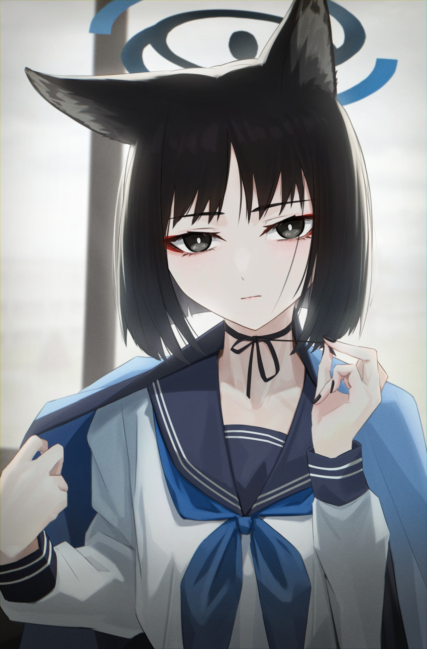 1girl animal_ear_fluff animal_ears black_choker black_eyes black_hair black_nails blue_archive bob_cut bow_choker cat_ears cat_girl choker collarbone commentary_request extra_ears halo highres holding holding_ribbon indoors japanese_clothes kikyou_(blue_archive) kis_sako long_sleeves looking_at_viewer nail_polish parted_bangs ribbon ribbon_choker school_uniform serafuku short_hair sidelocks solo window