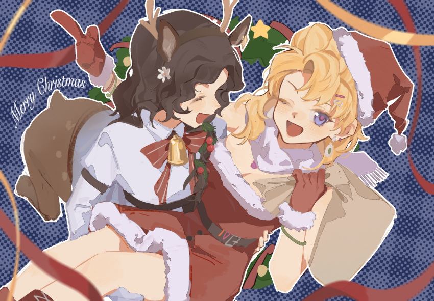 2girls animal_ears antlers beiguo45 bell belt berry blonde_hair blonney blue_background bow bowtie bracelet breasts brown_hair carrying centauroid cleavage closed_eyes collared_shirt commentary_request deer_ears dress ear_tag flower gloves hair_flower hair_ornament hairclip hat highres jessica_(reverse:1999) jewelry long_hair medium_breasts multiple_girls neck_bell one_eye_closed open_mouth pointing pointing_up princess_carry purple_eyes red_bow red_bowtie red_gloves red_ribbon reverse:1999 ribbon santa_costume santa_dress santa_hat shirt short_dress smile star_(symbol) taur white_flower white_shirt yuri